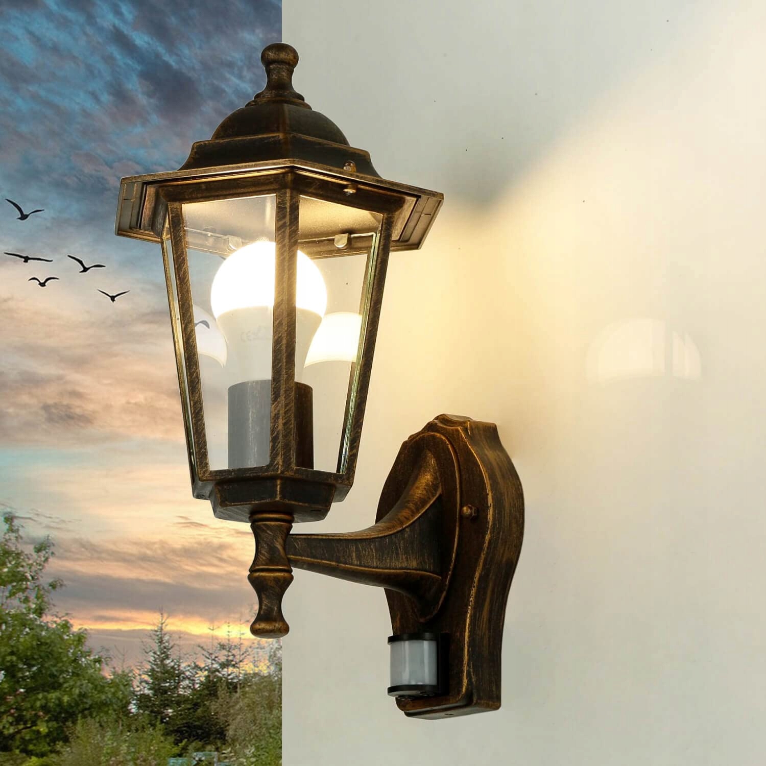 LICHT-ERLEBNISSE Wandlamp PARIS Bewegingsmelder Koper Antiek IP44