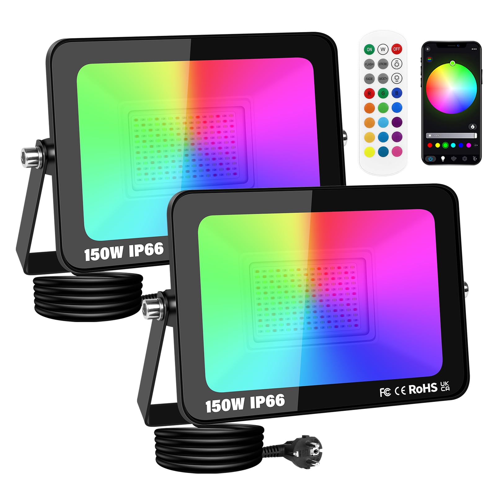 PICAA 2x 150W RGB LED Schijnwerper App 15000LM RGBW