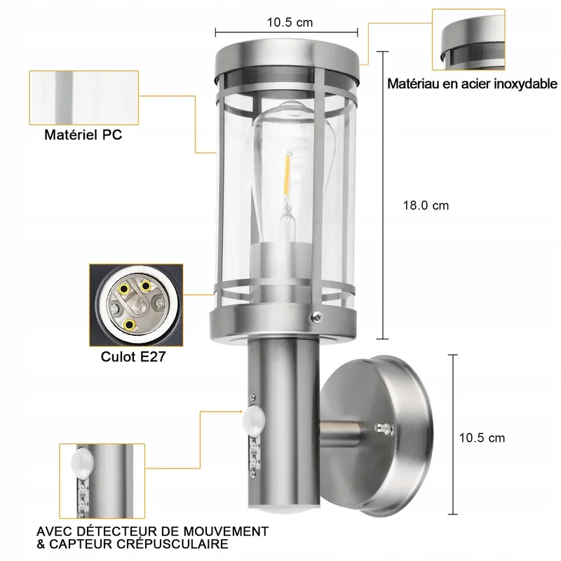 QFZWJ Buitenlamp Bewegingsmelder RVS IP44 E27 — foto 5