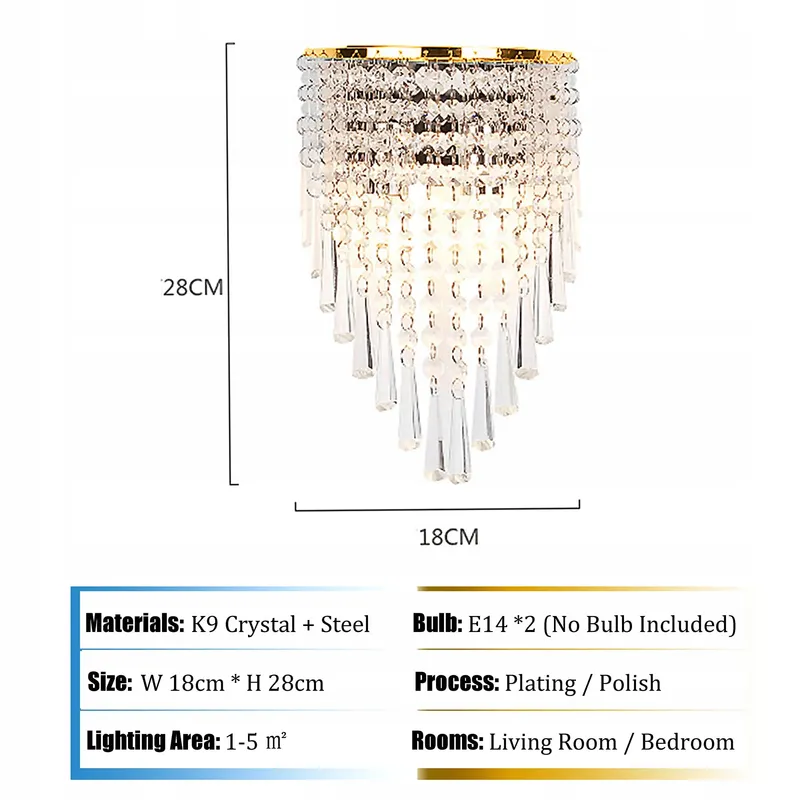 HJXDTECH Kristallen Wandlamp Goud 18x28cm — foto 2