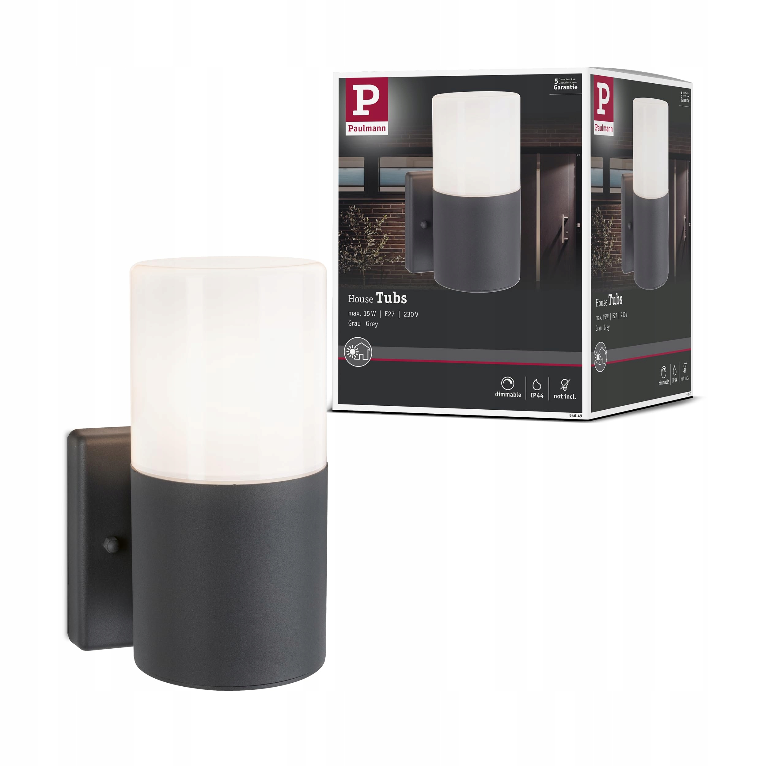 PAULMANN Tubs Buitenwandlamp IP44 15W Grijs E27