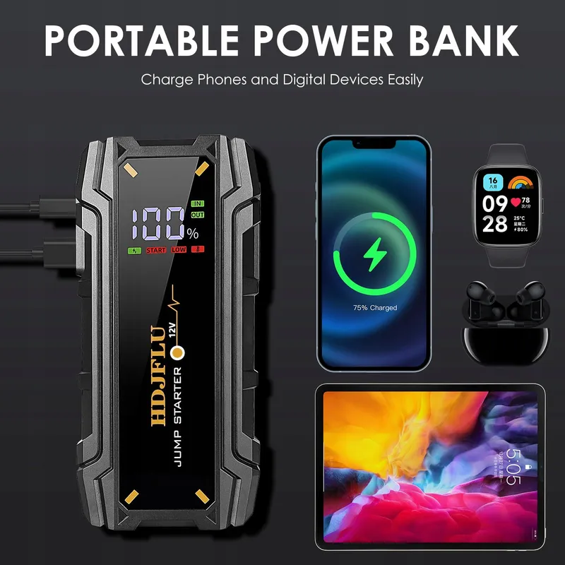 HDJFLU Draagbare Starthulp Powerbank 3000A 12V LED — foto 6