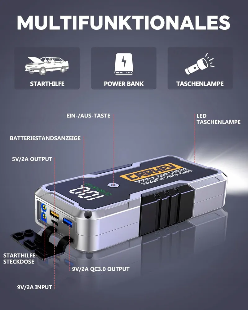 CARHEV Starthulp Powerbank 7000A 12V 10L Benzine 10L Diesel LED — foto 5