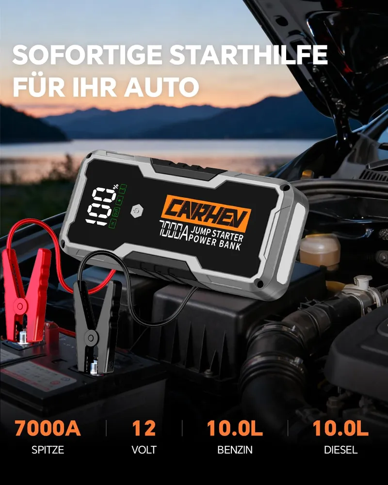 CARHEV Starthulp Powerbank 7000A 12V 10L Benzine 10L Diesel LED — foto 2
