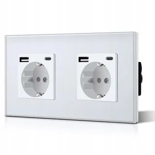 BSEED Dubbel Schuko Stopcontact USB Type C Glas 3-in-1 Wit 2.1A 157mm