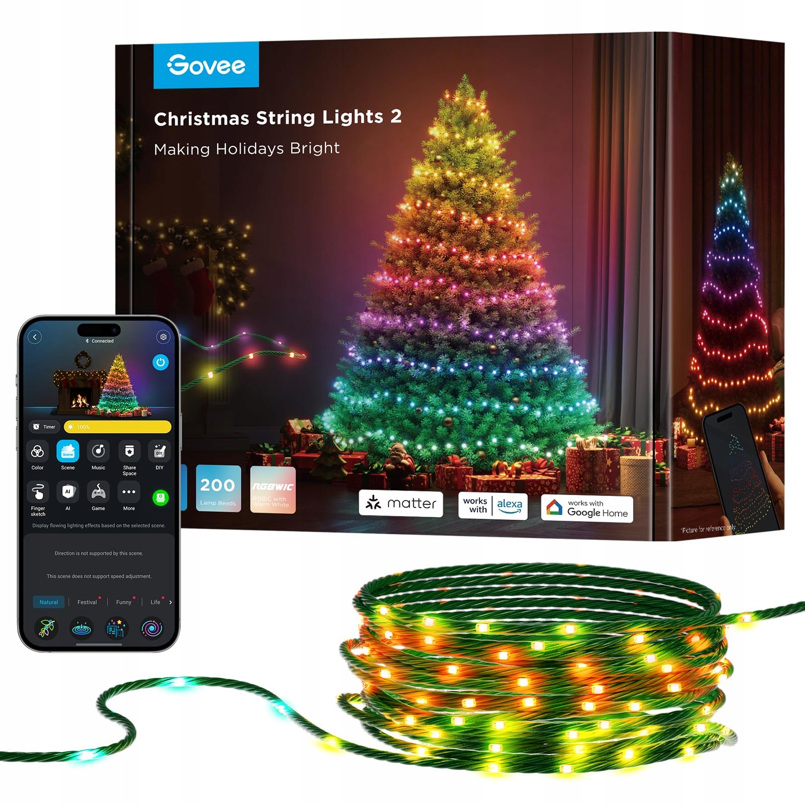 GOVEE Kerstverlichting RGBWIC 20M 200 LED IP65 Alexa Groene Kabel