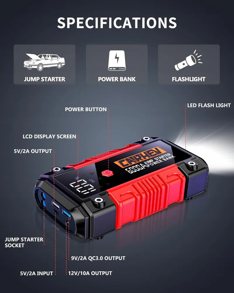 CARHEV Starthulp Powerbank 6000A 12V 10L Benzine Diesel LED Zaklamp — foto 2