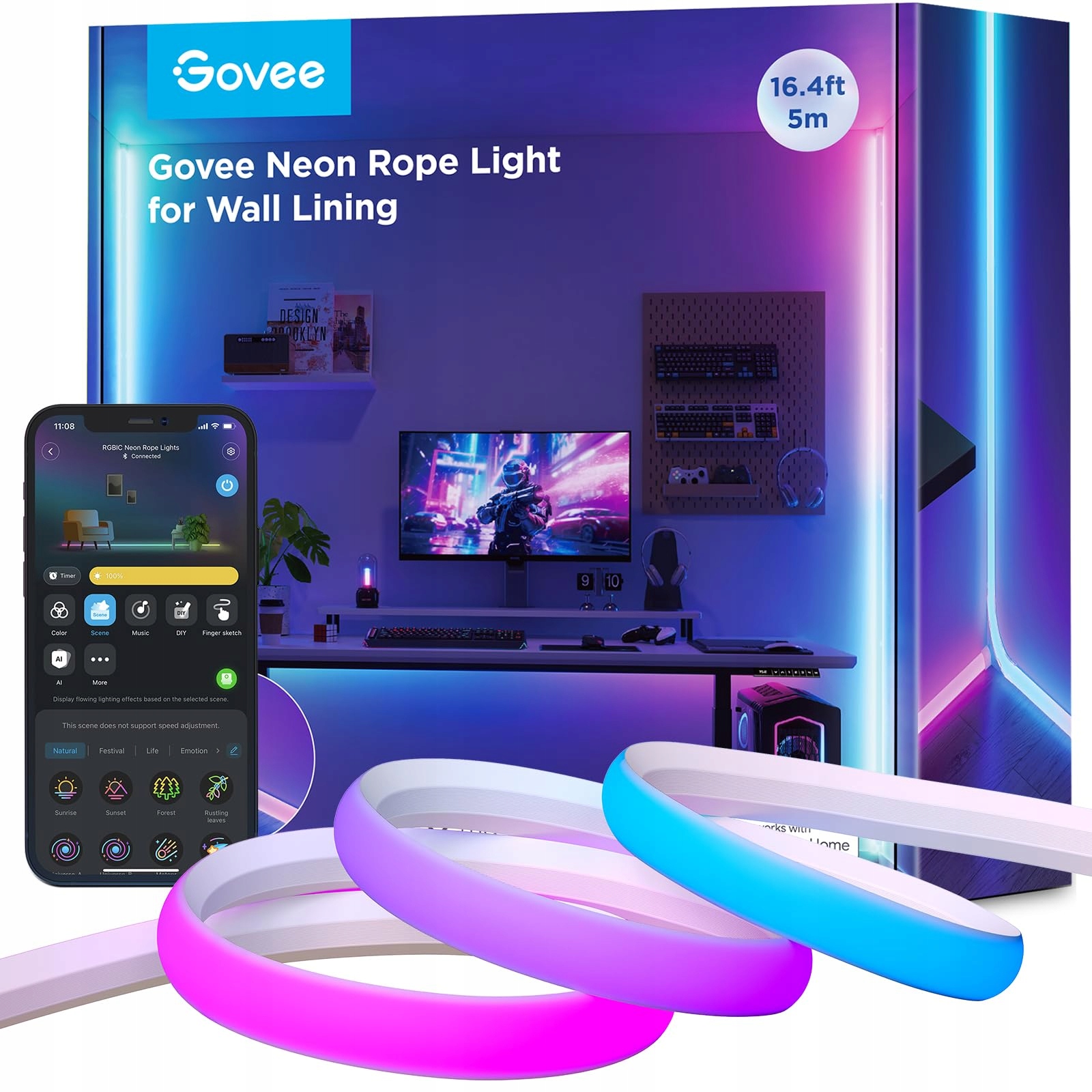 GOVEE Neon LED Strip 5m RGBIC Voor Wanden en Hoeken Muzieksync