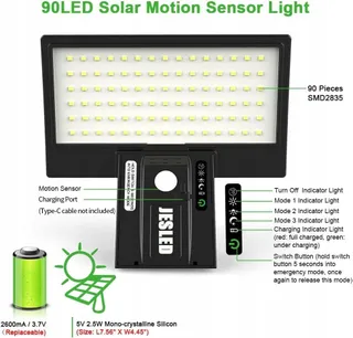 JESLED Solarlamp Buiten 90 LED Bewegingssensor Waterdicht — miniatuur 2