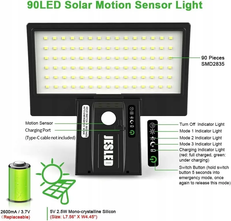 JESLED Solarlamp Buiten 90 LED Bewegingssensor Waterdicht — foto 2