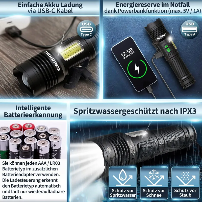 GRUNDIG LED Zaklamp Oplaadbaar Extreem Helder Robuust USB — foto 5