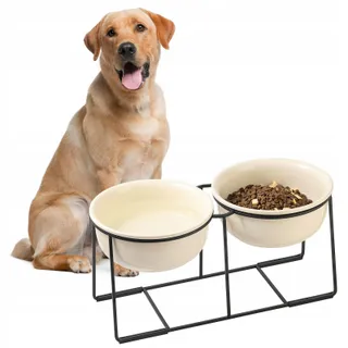 Verhoogde Keramische Hondenbak Set 2x1600ml Met Standaard Geel