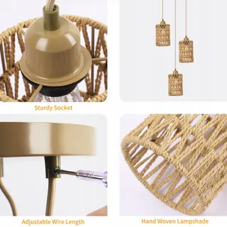 FORCOSO Hanglamp Rotan Boho 3 Lichten E27 Eetkamer Keuken — miniatuur 4
