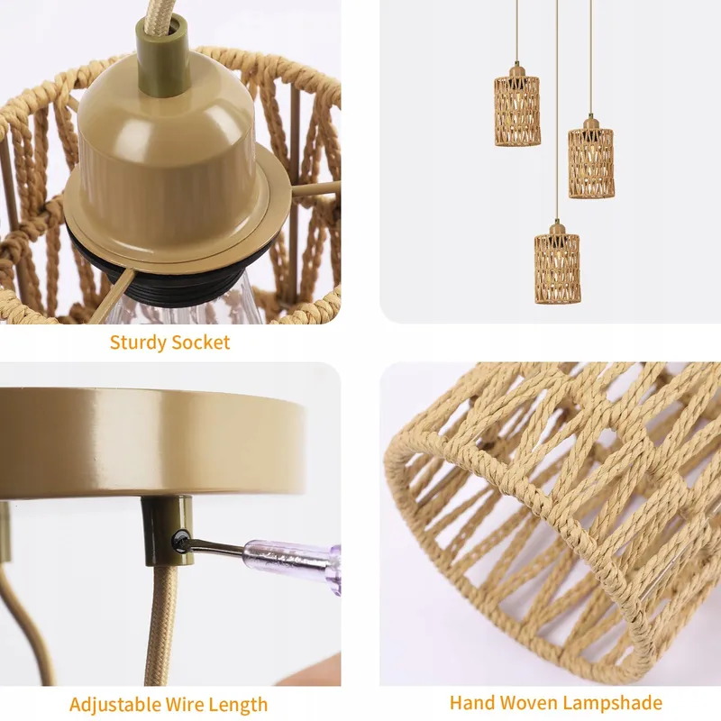 FORCOSO Hanglamp Rotan Boho 3 Lichten E27 Eetkamer Keuken — foto 4