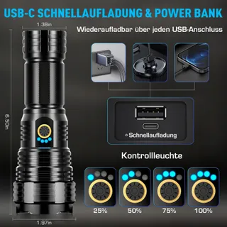 GLARYLIGHT LED Zaklamp 500000 Lumen USB Oplaadbaar IPX7 5 Standen — miniatuur 4