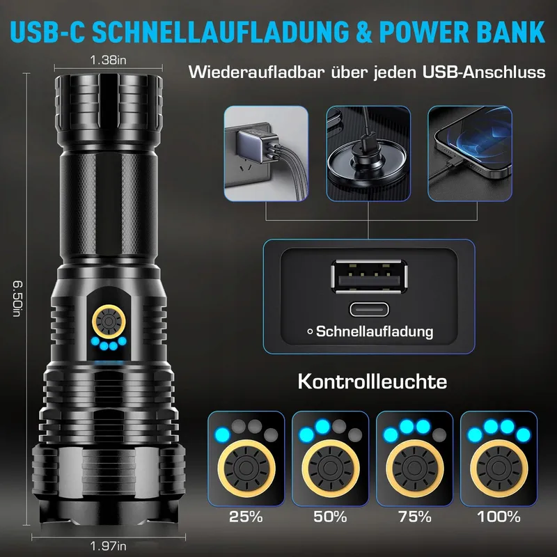 GLARYLIGHT LED Zaklamp 500000 Lumen USB Oplaadbaar IPX7 5 Standen — foto 4