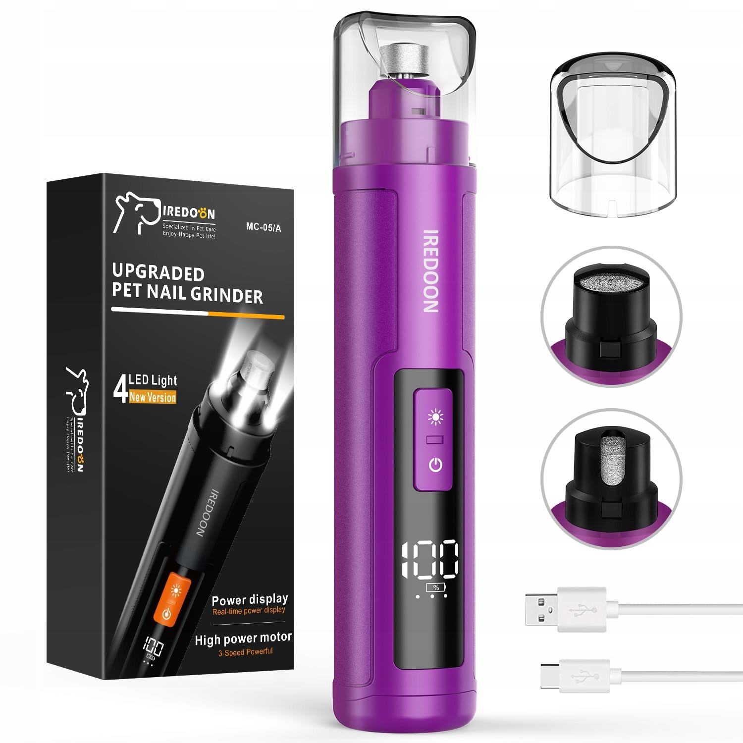 IREDOON MC-05/A nagelslijper voor honden in paars, met display voor stand en accu, 4 LED-lampjes en een transparante kap