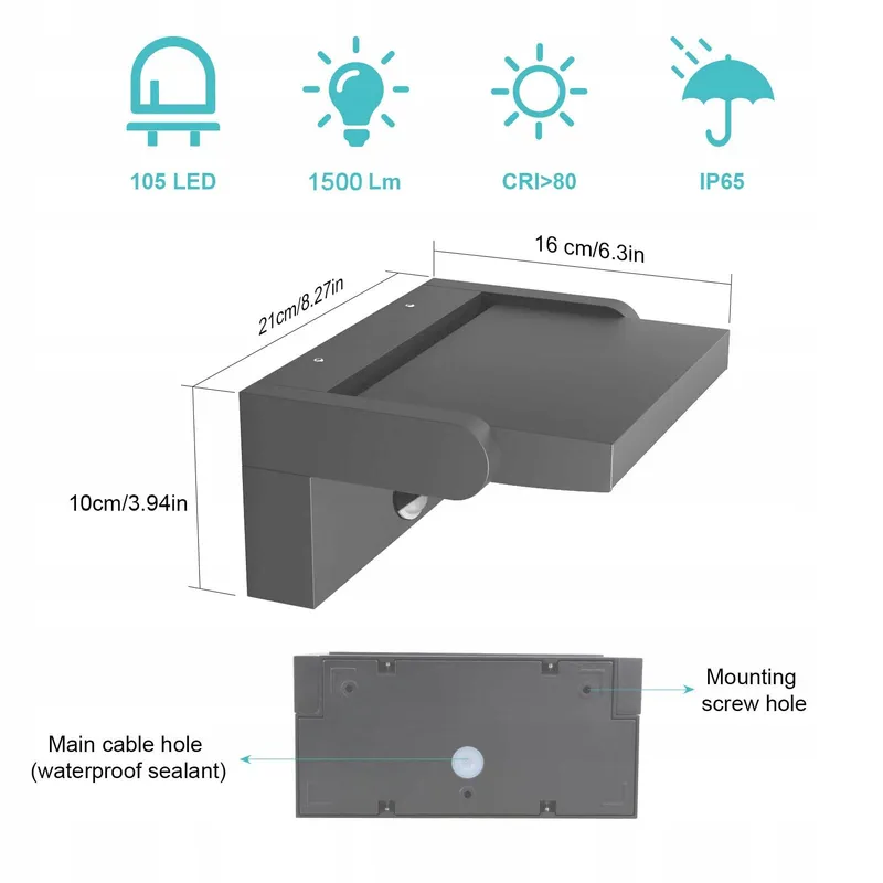 KLIGHTEN 24W LED Buitenlamp Bewegingssensor IP65 Grijs 6000K — foto 6
