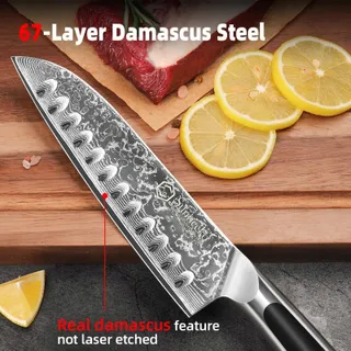 SUNNECKO Santoku Damastmes 18cm Ergonomisch Handvat Geschenkdoos — miniatuur 3