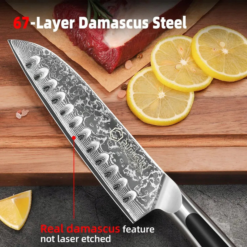 SUNNECKO Santoku Damastmes 18cm Ergonomisch Handvat Geschenkdoos — foto 3