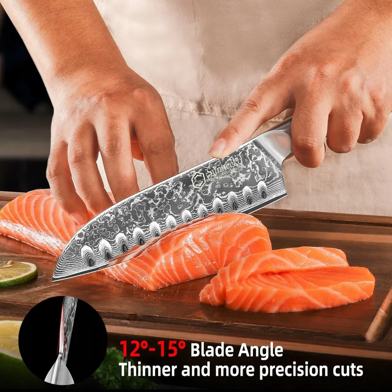 SUNNECKO Santoku Damastmes 18cm Ergonomisch Handvat Geschenkdoos — foto 5