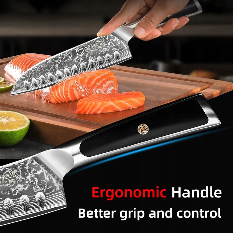 SUNNECKO Santoku Damastmes 18cm Ergonomisch Handvat Geschenkdoos — foto 4