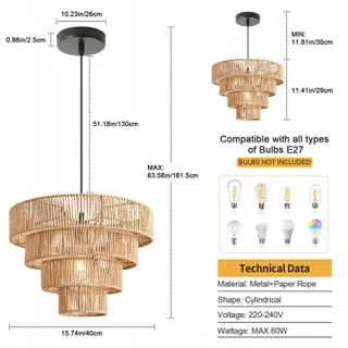 FORCOSO Rotan Hanglamp Boho E27 Vintage Woonkamer Slaapkamer Keuken — miniatuur 4