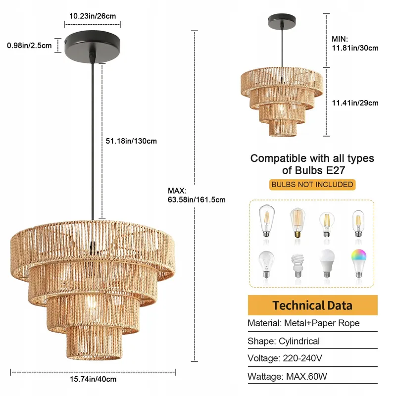 FORCOSO Rotan Hanglamp Boho E27 Vintage Woonkamer Slaapkamer Keuken — foto 4