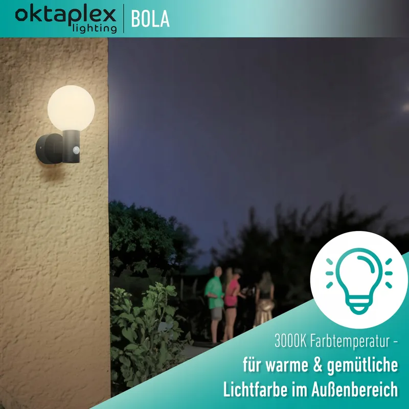 OKTAPLEX Bola LED Buitenlamp Bewegingsmelder IP65 3000K 1600lm 15.7W — foto 6