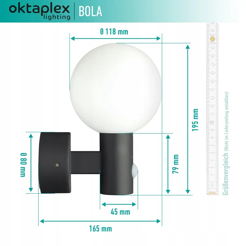 OKTAPLEX Bola LED Buitenlamp Bewegingsmelder IP65 3000K 1600lm 15.7W — foto 5