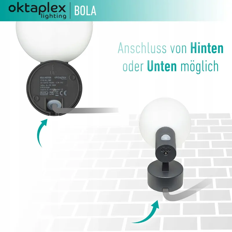 OKTAPLEX Bola LED Buitenlamp Bewegingsmelder IP65 3000K 1600lm 15.7W — foto 4