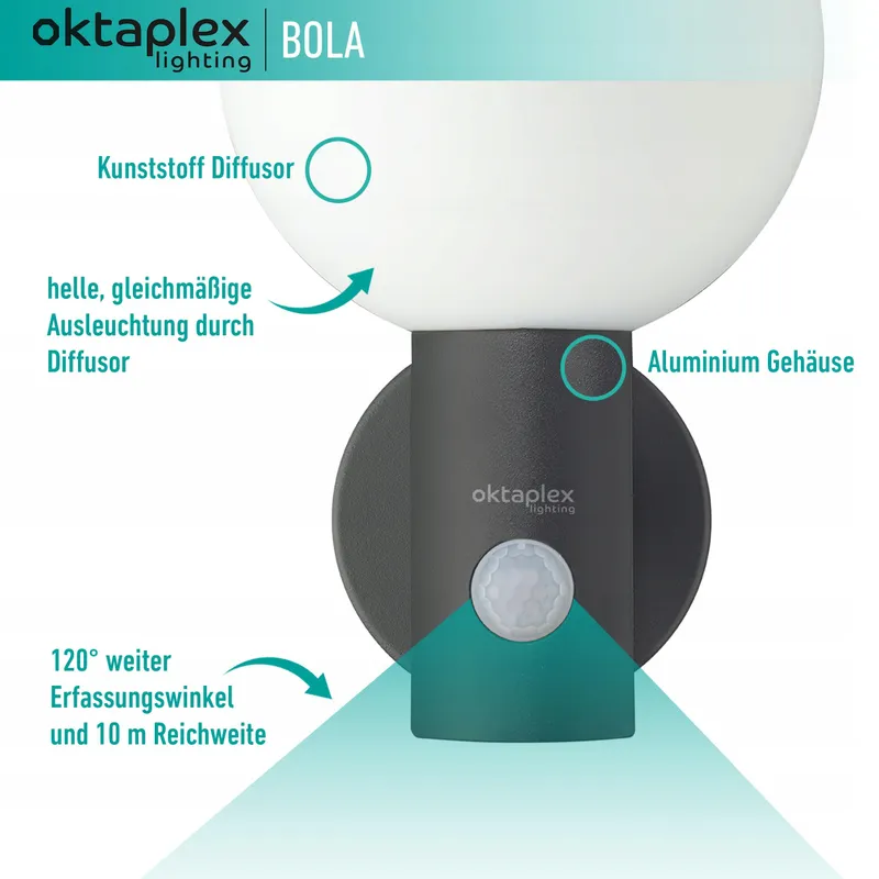OKTAPLEX Bola LED Buitenlamp Bewegingsmelder IP65 3000K 1600lm 15.7W — foto 2