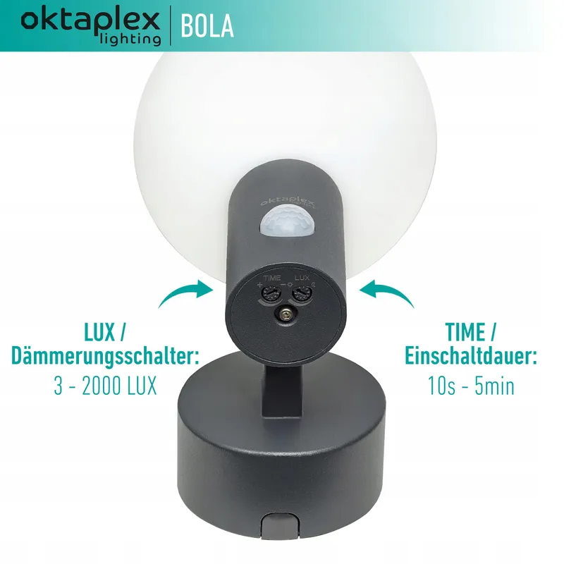 OKTAPLEX Bola LED Buitenlamp Bewegingsmelder IP65 3000K 1600lm 15.7W — foto 3