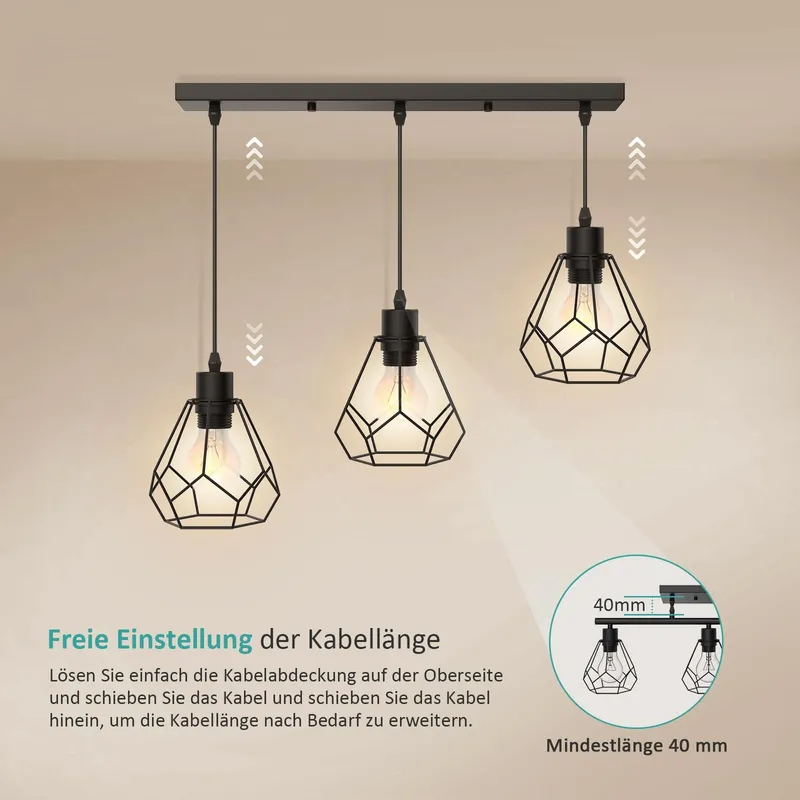 EMKE Hanglamp Vintage 3-Lamps Eetkamer Keuken Woonkamer — foto 2