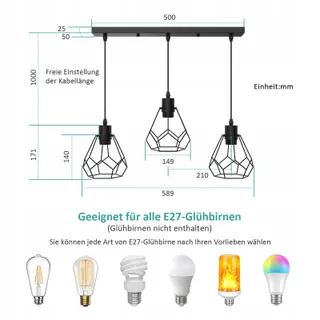 EMKE Hanglamp Vintage 3-Lamps Eetkamer Keuken Woonkamer — miniatuur 3