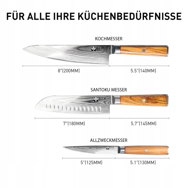 FUJUNI Messenset Damast 3-delig VG-10 Lemmet Elzenhouten Handvat — foto 7