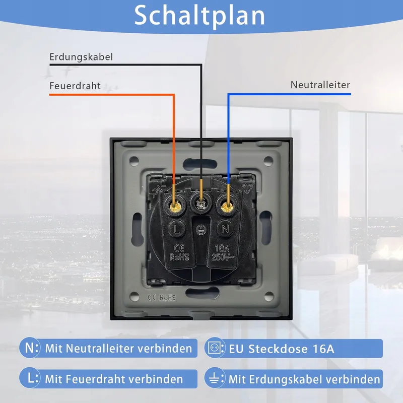 TAWOIA Schuko Stopcontact EU-Standaard Glas Inbouw Zwart — foto 3