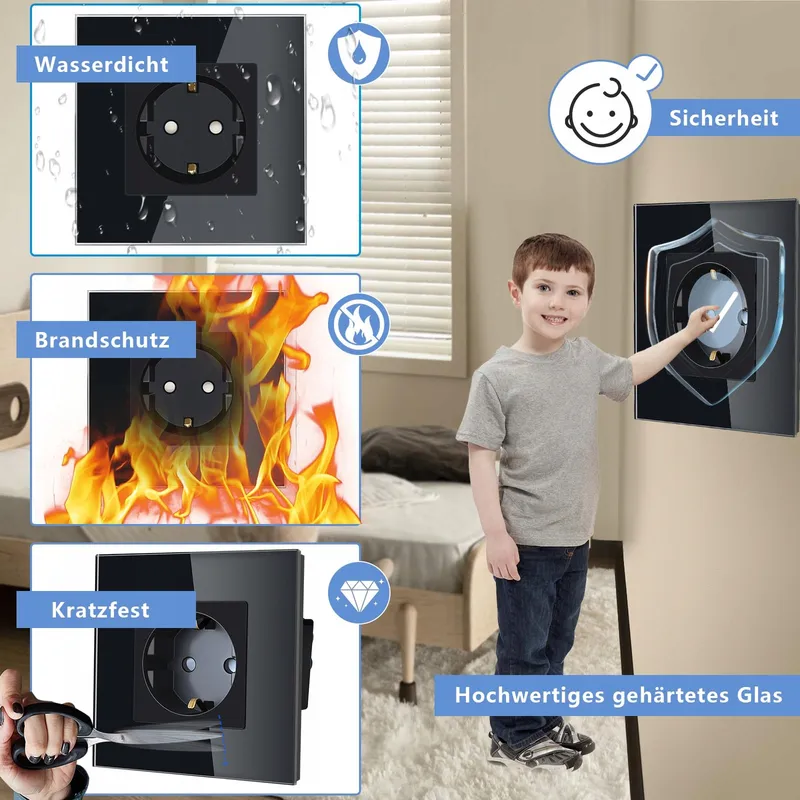 TAWOIA Schuko Stopcontact EU-Standaard Glas Inbouw Zwart — foto 6