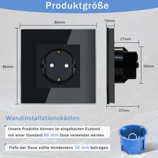 TAWOIA Schuko Stopcontact EU-Standaard Glas Inbouw Zwart — miniatuur 2