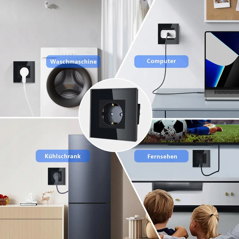 TAWOIA Schuko Stopcontact EU-Standaard Glas Inbouw Zwart — foto 5