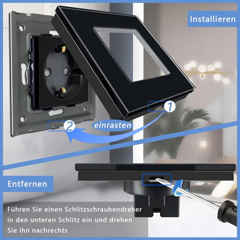TAWOIA Schuko Stopcontact EU-Standaard Glas Inbouw Zwart — foto 7
