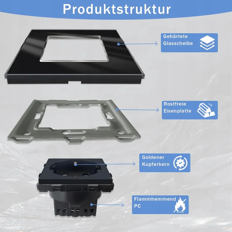 TAWOIA Schuko Stopcontact EU-Standaard Glas Inbouw Zwart — foto 4