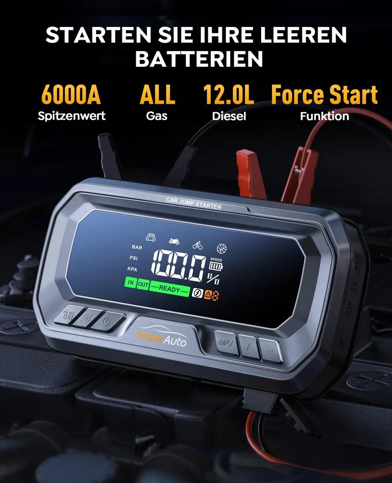 YABERAUTO Starthulp Powerbank 6000A Compressor 160PSI LCD — foto 3
