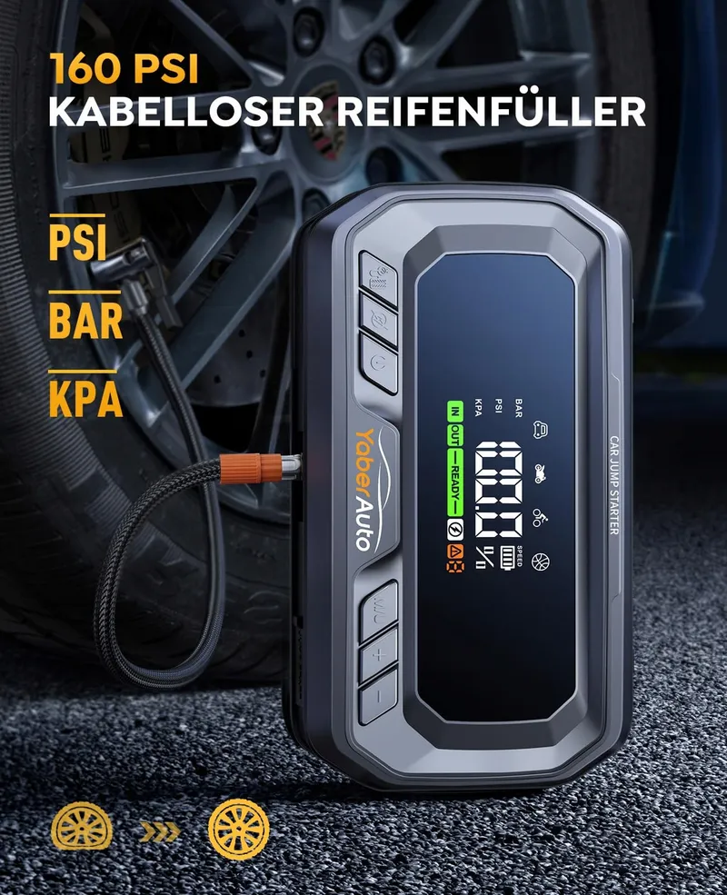 YABERAUTO Starthulp Powerbank 6000A Compressor 160PSI LCD — foto 2