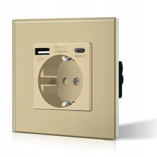 BSEED Schuko Stopcontact USB Type C Glas 3-in-1 Goud 2.1A