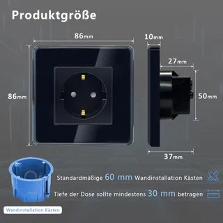 TAWOIA Schuko Stopcontact EU Inbouw Glas Zwart 86x86mm — miniatuur 2
