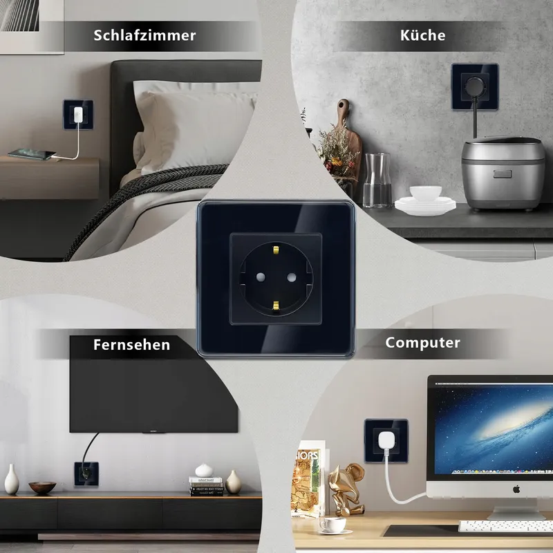 TAWOIA Schuko Stopcontact EU Inbouw Glas Zwart 86x86mm — foto 7