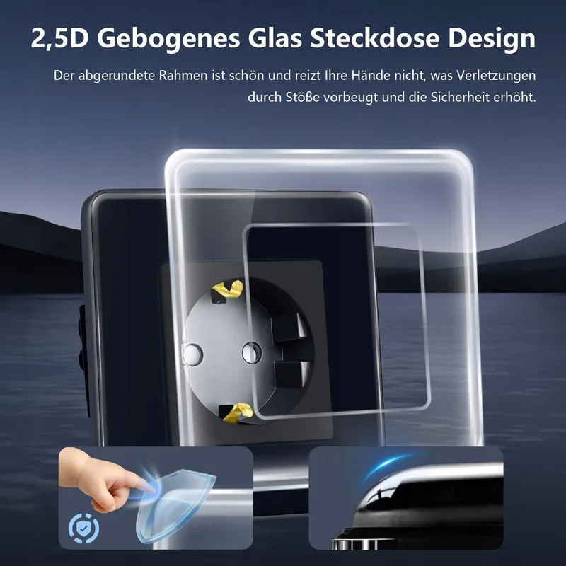 TAWOIA Schuko Stopcontact EU Inbouw Glas Zwart 86x86mm — foto 4