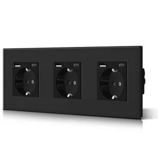 BSEED Drievoudig Schuko Stopcontact USB C Glas 3-in-1 2.1A 228mm Zwart