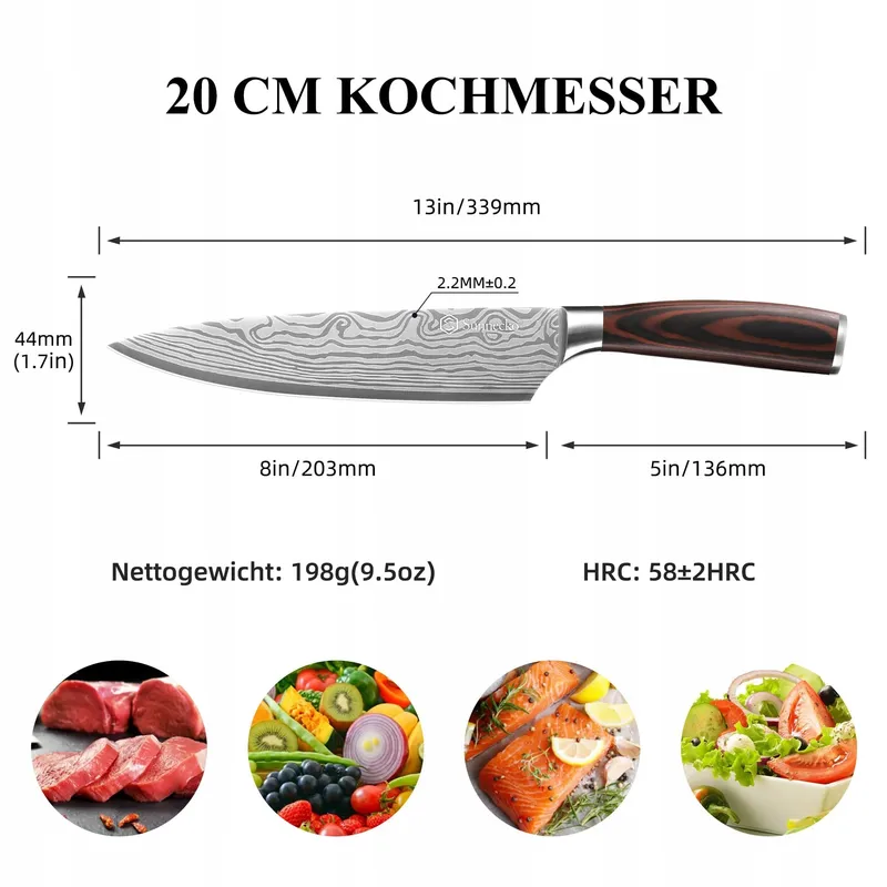 SUNNECKO Koksmes 20cm Roestvrij Staal Houten Handvat — foto 2